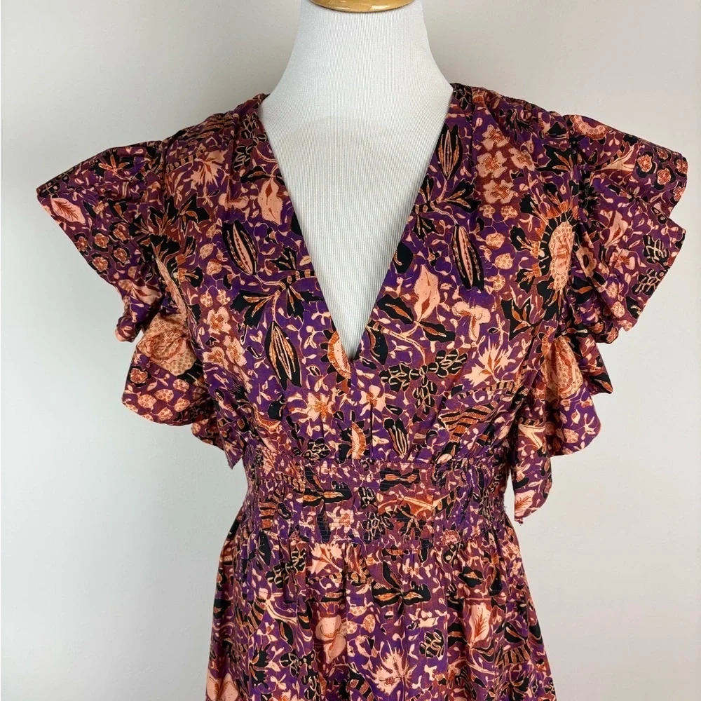 ULLA JOHNSON Kiri Dress Floral Print Ruffle Dress 100% Cotton Orange Size 10